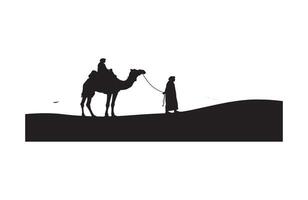 Silhouette of man walking camel while traveling vector