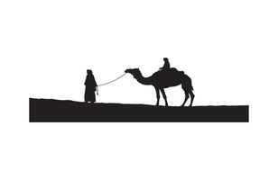 Man guiding camel along travel journey path vector