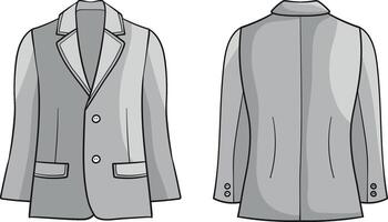 A detailed illustration of blazer, shown from both front and back views, featuring a structured lapel, button closure, and elegant pocket detail vector