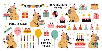Happy birthday party set with cute capybaras and other elements. childish collection of funny amusing capybara characters, birthday cakes and sweets, candles, balloons, party hats and gifts. vector