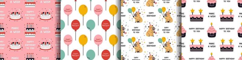 cute set of birthday party seamless patterns with cakes, sweets, balloons and capybaras. Festive celebration pattern collection. Print with birthday elements. Happy birthday wrapping design. vector