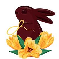 icon of a chocolate Easter bunny looking from the back with a yellow bow around its neck and yellow tulip buds, for Easter decorations vector