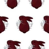seamless pattern with chocolate Easter bunnies with willow branches with gray ribbons, for Easter decorations vector