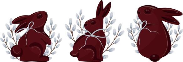 set with various Easter chocolate bunnies in different poses with gray ribbons and willow branches, for Easter designs vector