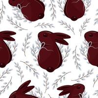 seamless pattern with chocolate Easter bunnies with willow branches with gray ribbons arranged randomly, for Easter decorations vector
