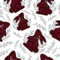 seamless pattern with chocolate Easter bunnies standing on their hind legs with willow branches and gray ribbons arranged randomly, for Easter decorations vector