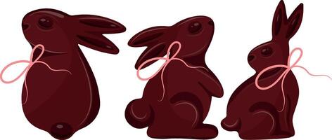 set with various Easter chocolate bunnies in different poses with pink ribbons, for Easter designs vector