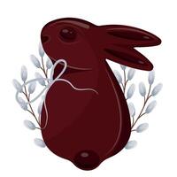 icon of a chocolate Easter bunny looking from the back with a white bow around its neck and willow branches, for Easter decorations vector