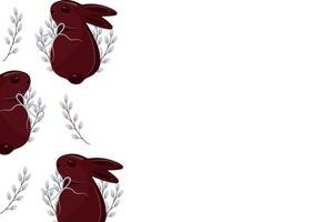 poster with chocolate Easter bunnies with willow branches with gray ribbons arranged randomly, for Easter decorations vector