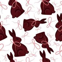 seamless pattern with chocolate Easter bunnies sitting on their hind legs and turned to the side with pink ribbons arranged randomly, for Easter decorations vector