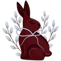 icon of a chocolate Easter bunny turned to the left with a white bow around its neck and willow, for Easter decorations vector
