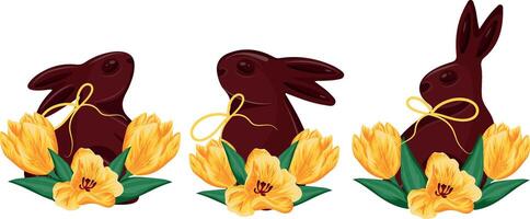 set with various Easter chocolate bunnies in different poses with yellow ribbons and yellow tulip buds, for Easter designs vector
