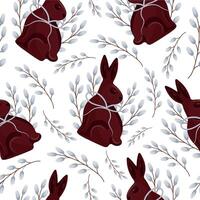 seamless pattern with chocolate Easter bunnies sitting on their hind legs and turned to the side with willow branches with gray ribbons arranged randomly, for Easter decorations vector