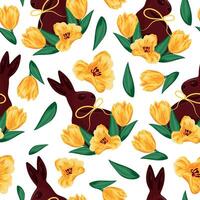seamless pattern with chocolate Easter bunnies sitting on their hind legs and turned to the side with yellow tulips with yellow ribbons arranged randomly, for Easter decorations vector