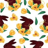 seamless pattern with chocolate Easter bunnies and yellow tulip buds with yellow ribbons arranged randomly, for Easter decorations vector