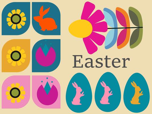Easter greeting card poster Easter illustration for Easter day. spring colors, bright flowers and easter eggs with bunnies