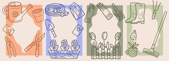 Set of linear drawing gardening postcards featuring tools like watering can, gloves, rake, and plants like tulips and hyacinths, perfect for garden design, spring projects, nature-themed greetings. vector