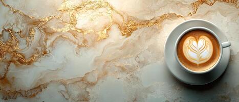 Top View of a Cappuccino with Heart Shaped Latte Art on a Sophisticated White and Gold Marble Surface with Copy Space photo