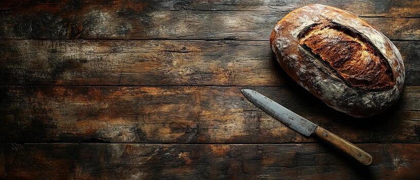 Traditional Handmade Bread with Golden Crust Resting on Rustic Wooden Table with Copy Space photo