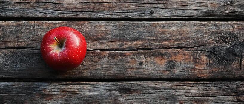 Close-up of a Juicy Red Apple on Vintage Wooden Planks Background with Copy Space photo