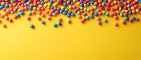 Scattered Colorful Candy Balls on a Bright Yellow Background with Space for Text photo
