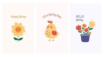 Set of spring cards with cute flowers and chicken. Minimalistic hand drawn design of Spring greeting card. Hello Spring vector