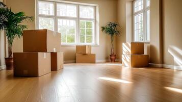 moving boxes in an empty room with a window photo