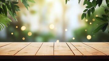 empty wooden table surrounded by greenery close-up, place for advertising and inscriptions, empty table surface surrounded by greenery, rustic natural style, mockup for advertising and design photo