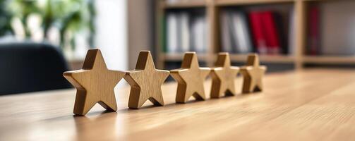 abstraction on the topic of high product quality and positive user experience, 5 stars on the table, high rating, positive reviews of the product photo