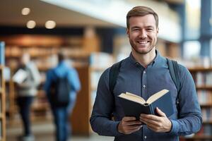 a smiling man holding an open book in a library photo