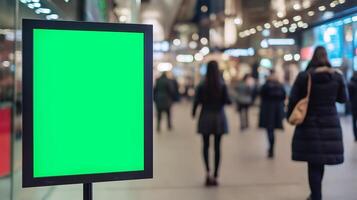 street advertising mockups. a stand with a green background with empty space for inscriptions, installed on a pedestrian street in the city center. mockup for design and advertising photo