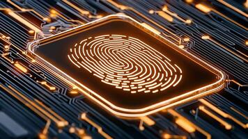 Glowing digital fingerprint on a sleek interface, symbolizing biometric security and futuristic technology in a digital landscape background 4k video
