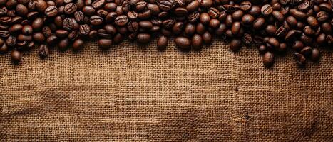 Roasted Coffee Beans Lined Up on Rustic Burlap Fabric with Copy Space photo