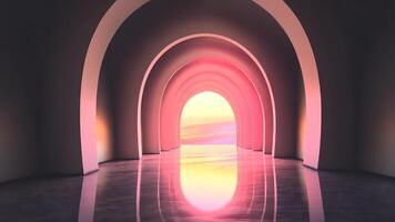 minimalista Rosa corredor com recorrente arco aberturas, luz solar transmissão através, criando fundo sereno arquitetônico perspectiva e espacial profundidade abstração dentro pastel video