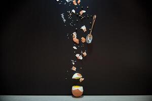 Boiled egg with spices and shell on black background photo