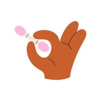 Hand hold cosmetic applicator for shadows. Cartoon color design. Flat illustration isolated on white background. vector