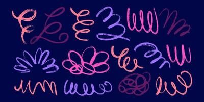 Vibrant Colorful Squiggle Pencil Line Collection. Thin doodle of abstract strokes in hand drawn style. Colorful smears with grungy charcoal texture vector