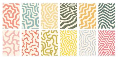 Set of hand drawn abstract backgrounds with wavy organic lines in pastel colors. Trendy retro style textures for creative projects, packaging, stationery, and digital design. vector