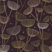 Seamless Pattern of Overlapping Dill Silhouettes with Umbrella shaped Seed Heads in Green, Beige, Yellow and Grey on Dark Brown Background vector