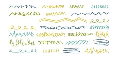 Set of Pastel Squiggle Pencil Lines. Thin doodle of abstract strokes in hand drawn style. Colorful smears with grungy charcoal texture vector