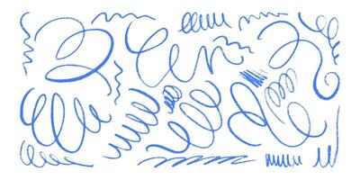 Thin Squiggle Pencil Line Collection. Doodle abstract strokes in hand drawn style. Colorful smears with grungy charcoal texture vector