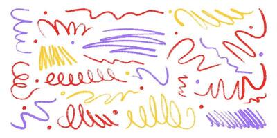 Set of Squiggle Multicolored Pencil Lines. Thin doodle of abstract strokes in hand drawn style. Colorful smears with grungy charcoal texture vector