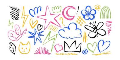 Collection of Childish Multicolored Doodles Hand Drawn with Pencil and Charcoal. Colorful scribbles with happy vibes and grunge texture. Banner with random wobbly shapes vector