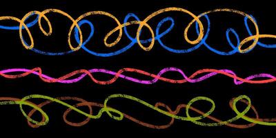 Squiggle Pencil Line Collection with Vibrant Colors. Thin doodle of abstract strokes in hand drawn style. Colorful smears with grungy charcoal texture vector