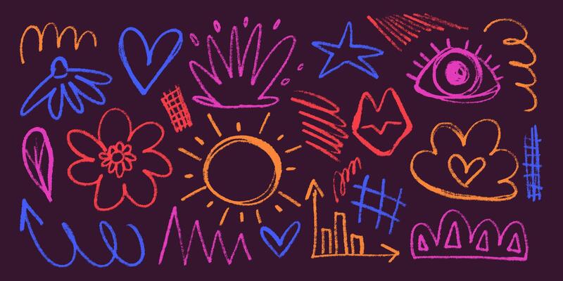 Set of Childish and Naive Multicolored Doodles Hand Drawn with Pencil and Charcoal. Colorful scribbles with happy vibes and grunge texture. Banner with random wobbly shapes