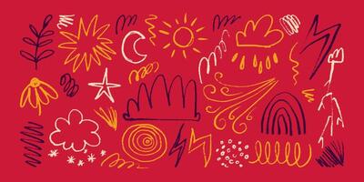 Collection of Childish and Naive Multicolored Doodles Hand Drawn with Pencil and Charcoal on Red Background. Colorful scribbles with happy vibes and grunge texture. Banner with random wobbly shapes vector