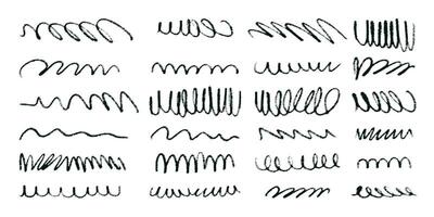 Set of Thin Black Squiggle Pencil Lines. Doodle of abstract strokes in hand drawn style. Colorful smears with grungy charcoal texture vector
