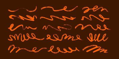 Orange Squiggle Pencil Line Collection. Thin doodle of abstract strokes in hand drawn style. Colorful smears with grungy charcoal texture vector