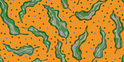 a pattern with green leaves on an orange background vector