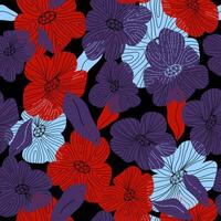 a pattern with red and blue flowers on a black background vector